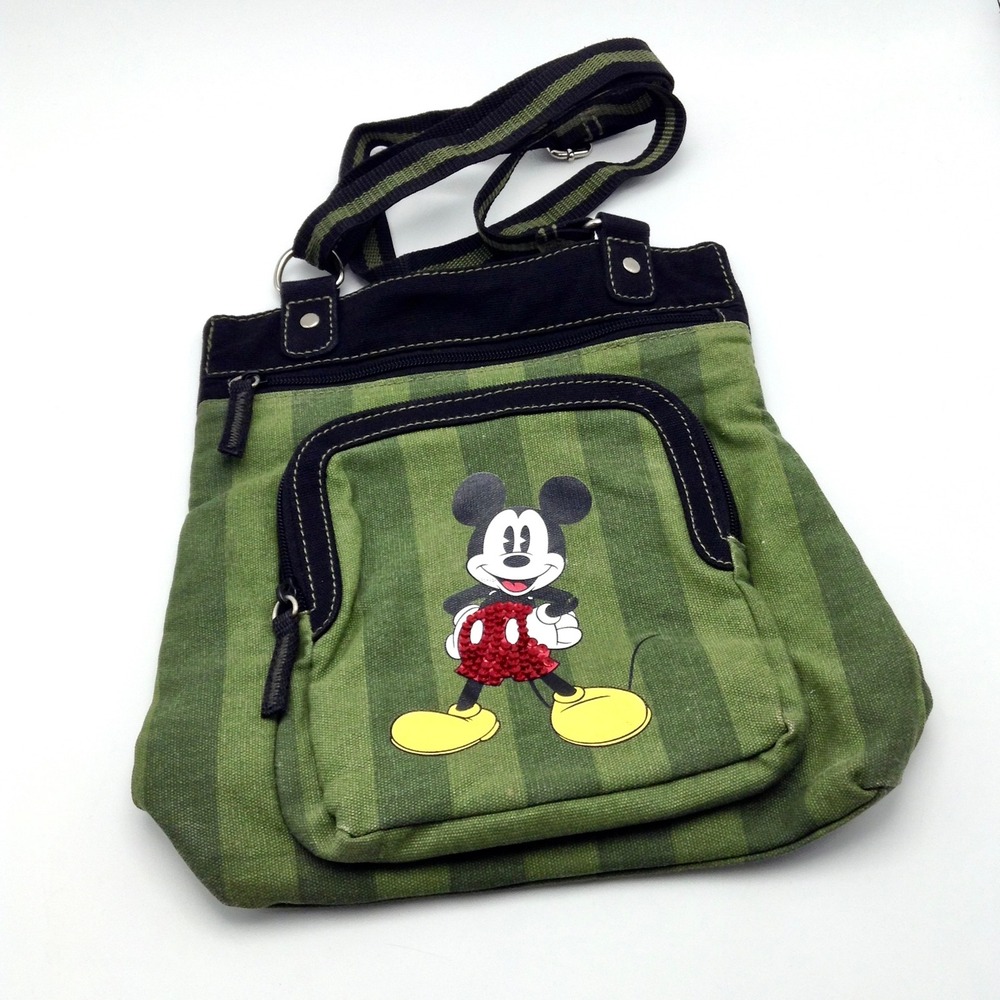 Disney Mickey Mouse Crossbody‎ Bag Green Striped Canvas Purse - Picture 6 of 8
